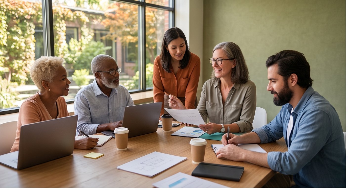 Five people meeting around a sunlit table, reviewing documents and talking together