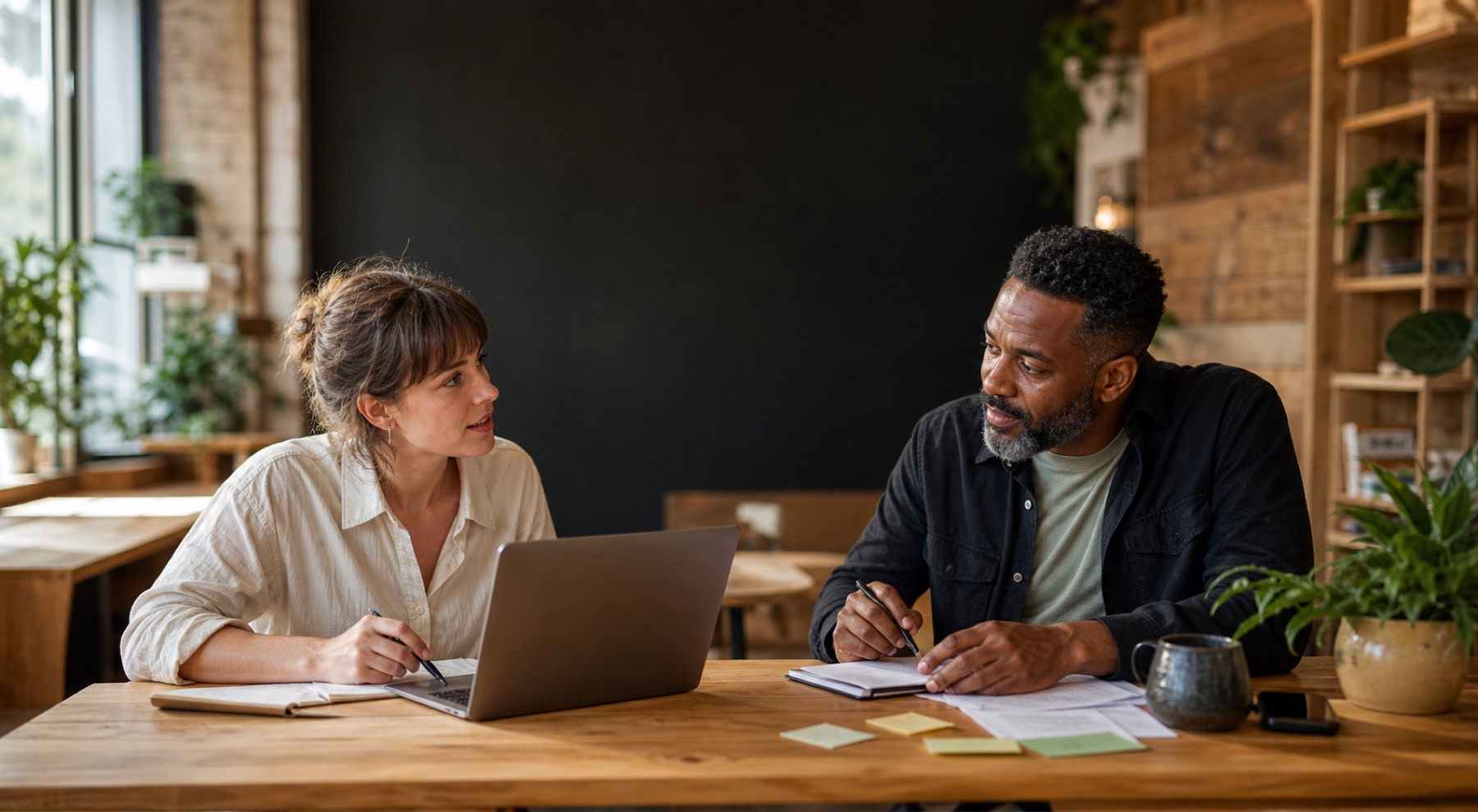 A founder and an adviser working through nonprofit paperwork together