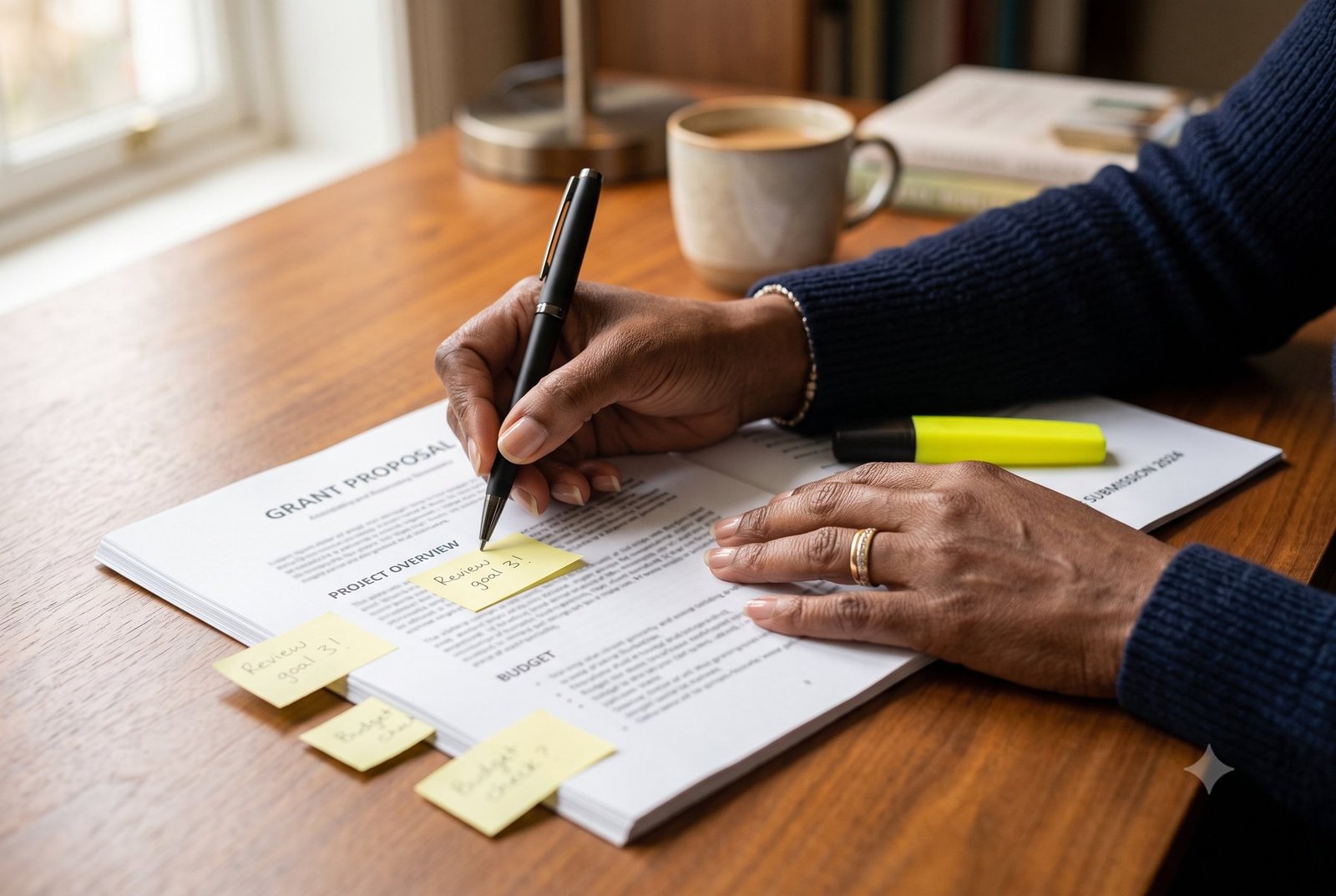 Hands annotating a printed grant proposal with a compliance checklist