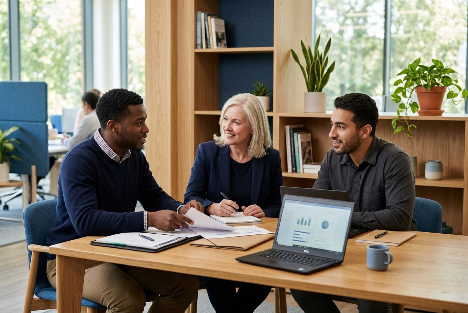 Three advisers reviewing a nonprofit funding plan together