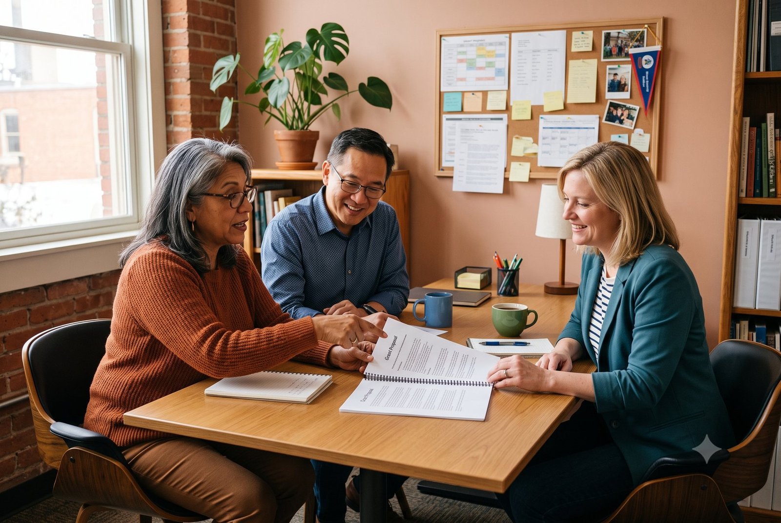 A small nonprofit team reviewing a grant proposal together