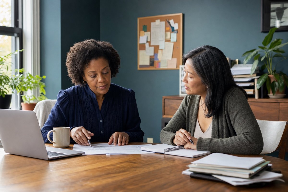 Two colleagues working through nonprofit paperwork at a table