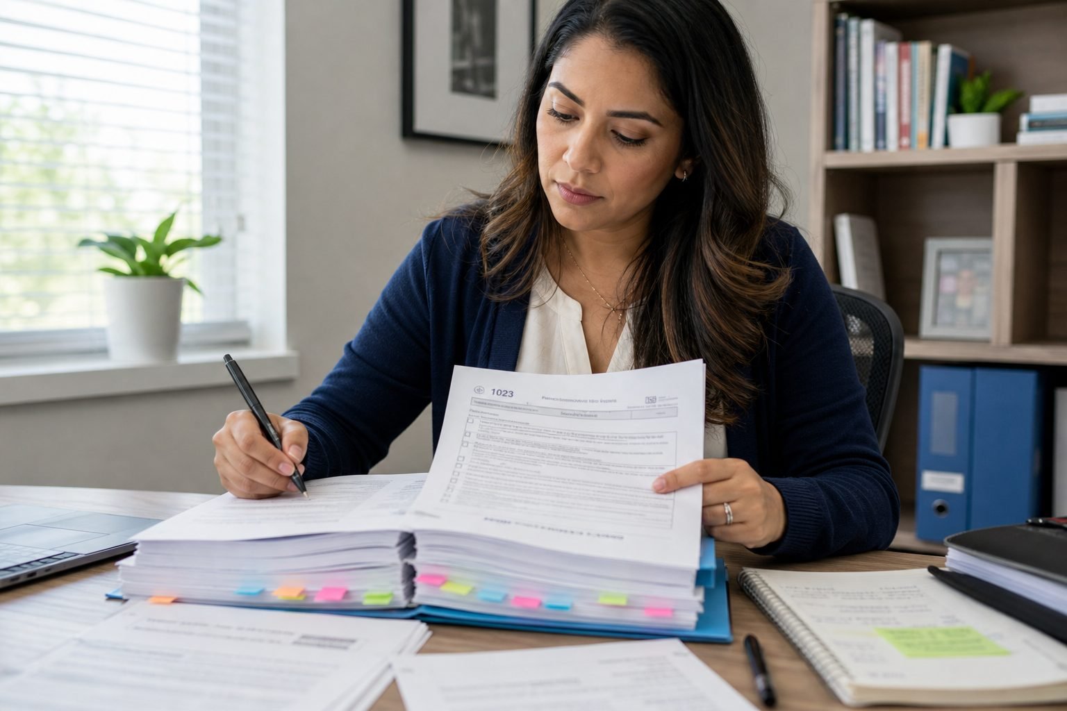 Hands annotating a 501(c)(3) application for review