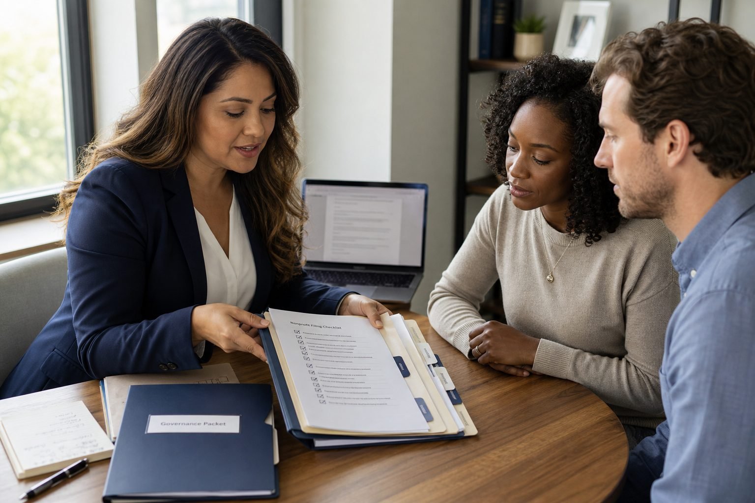 A small nonprofit team reviewing their filing package
