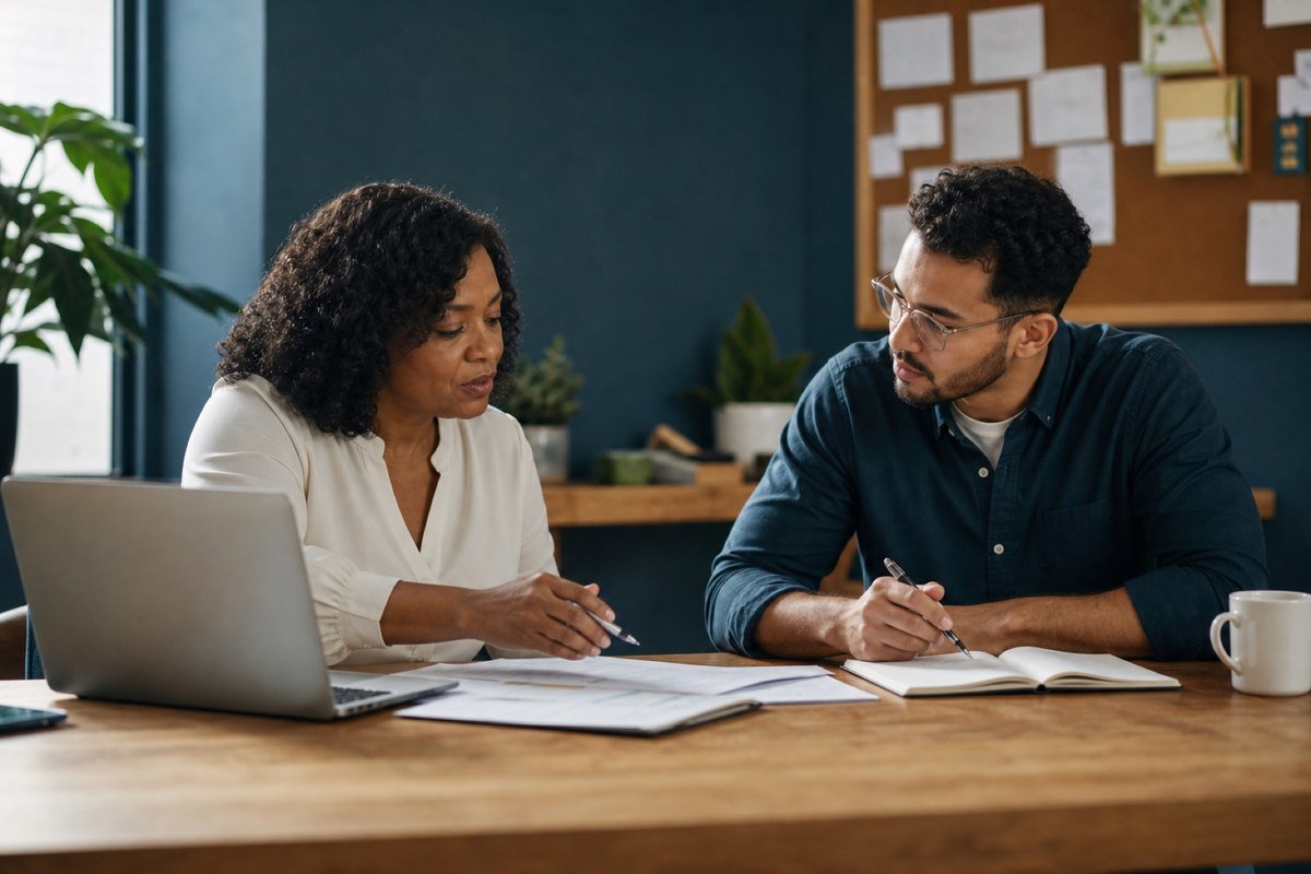 Two colleagues reviewing documents and notes together at a desk