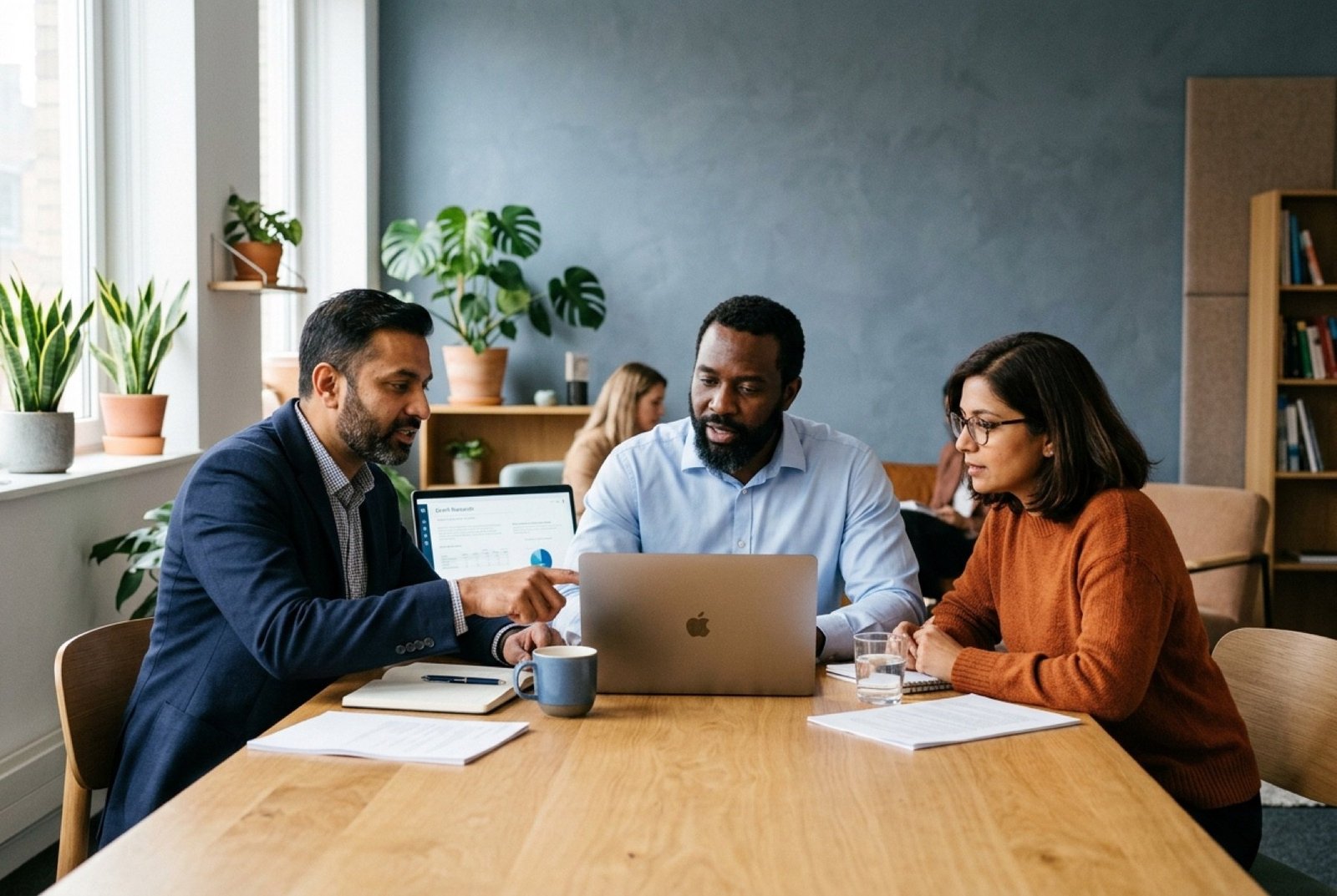 A nonprofit advisor reviewing a document, ready to help
